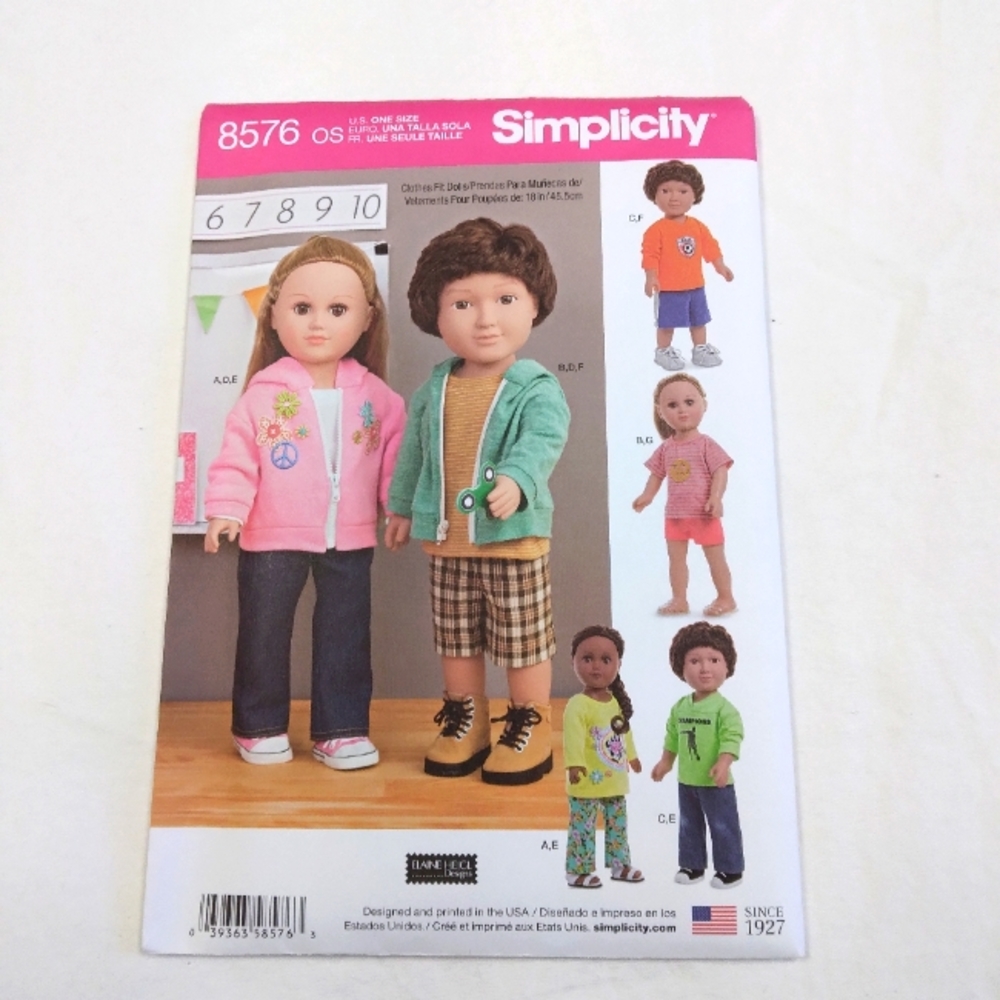 Simplicity 8576 Hoodie Tops Pants Shorts for 18 " & American Girl Dolls
